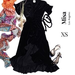 New Misa Los Angeles Black Viscose Velvet Wrap Ruffled Maxi Dress Sz Xs
